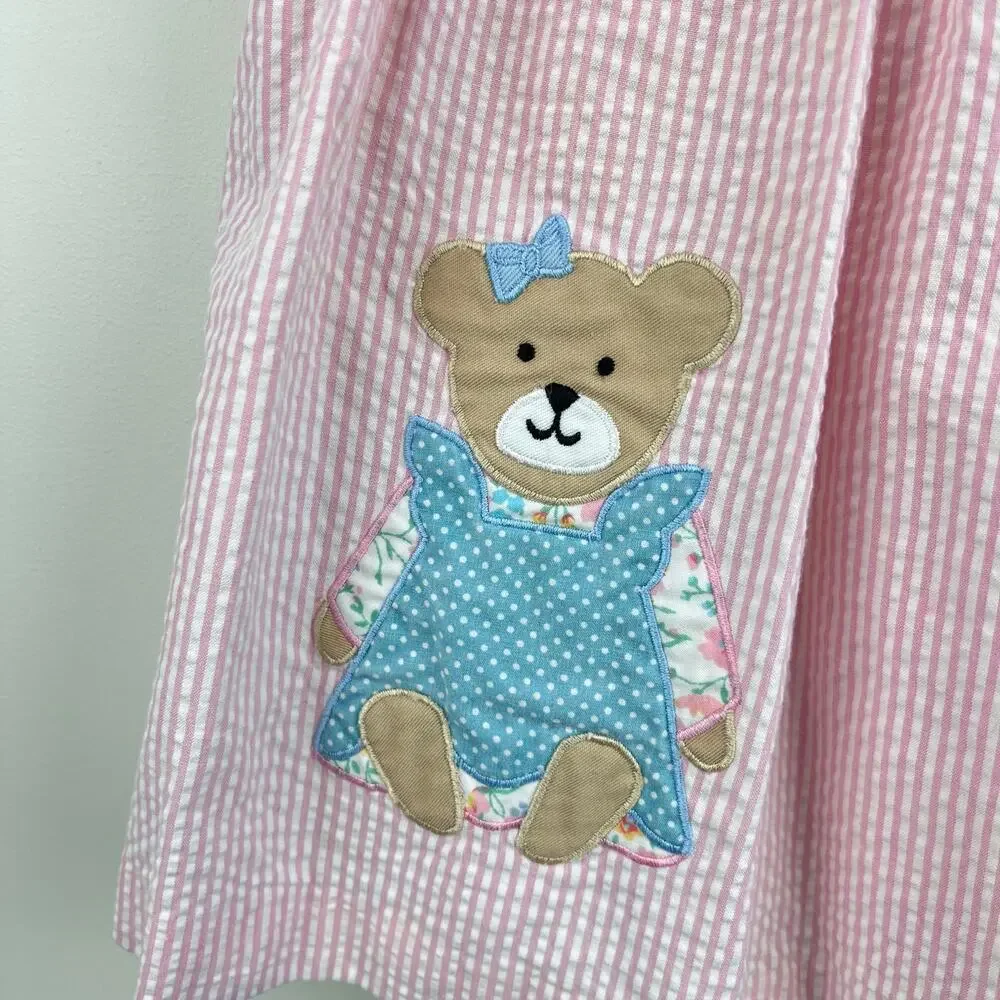 Vintage Samara Pink Seersucker Teddy Bear Bow Pinafore Dress 24 Months